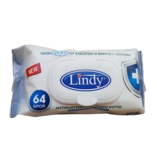 Șervețele umede Lindy Antibacterial 64 buc, cu capac