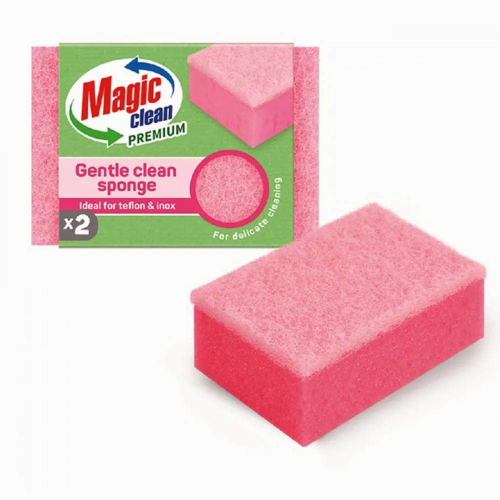 Домакинска гъба с канал 2 броя, Premium, за деликатни повърхности, Gentle Clean, Magic Clean